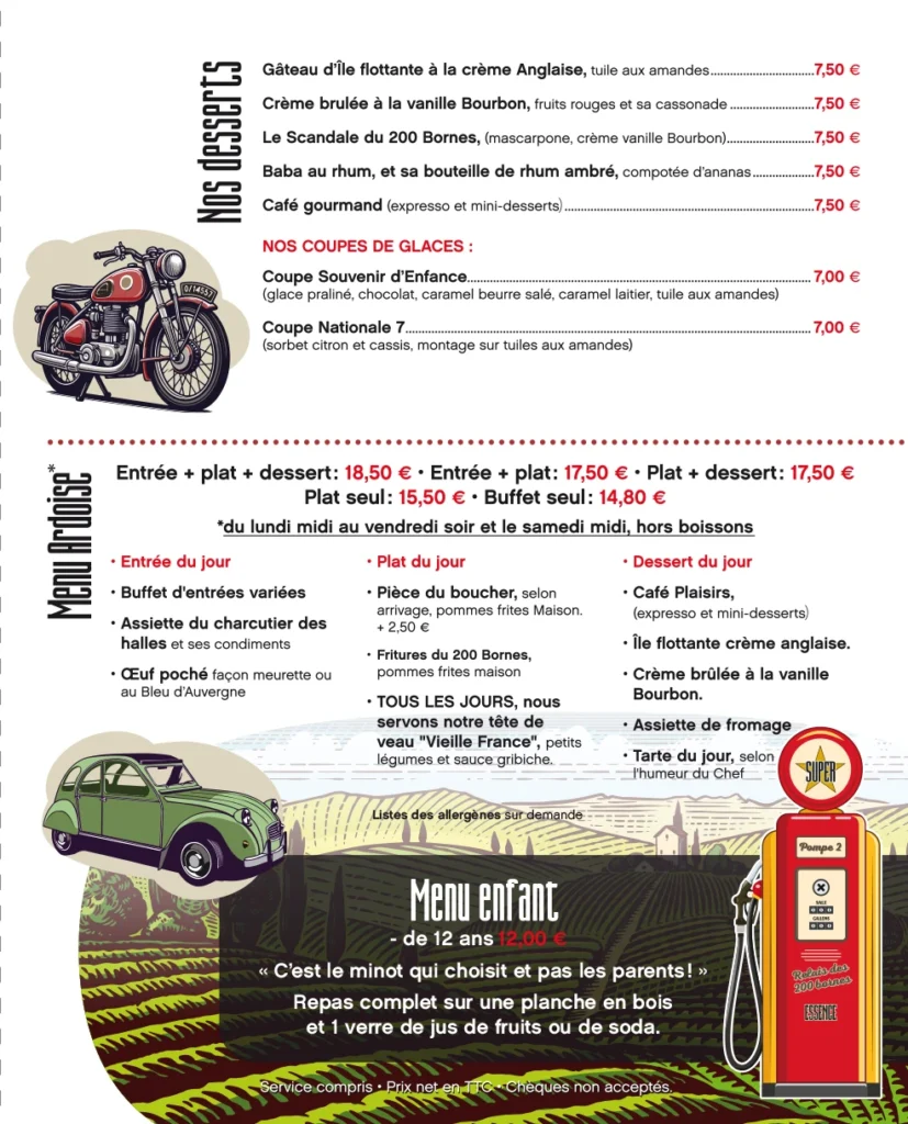Page des desserts et formules du menu automne/hiver du relais des 200 bornes
